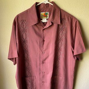 Haband Guayabera Men's Mauve Embroidered Cuban Cigar Button Top Shirt Size Large